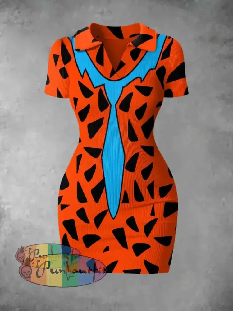 Women’s Vintage Cartoon Stone Caveman Costume Print Ribbed Bodycon Mini Dress Colorful / S