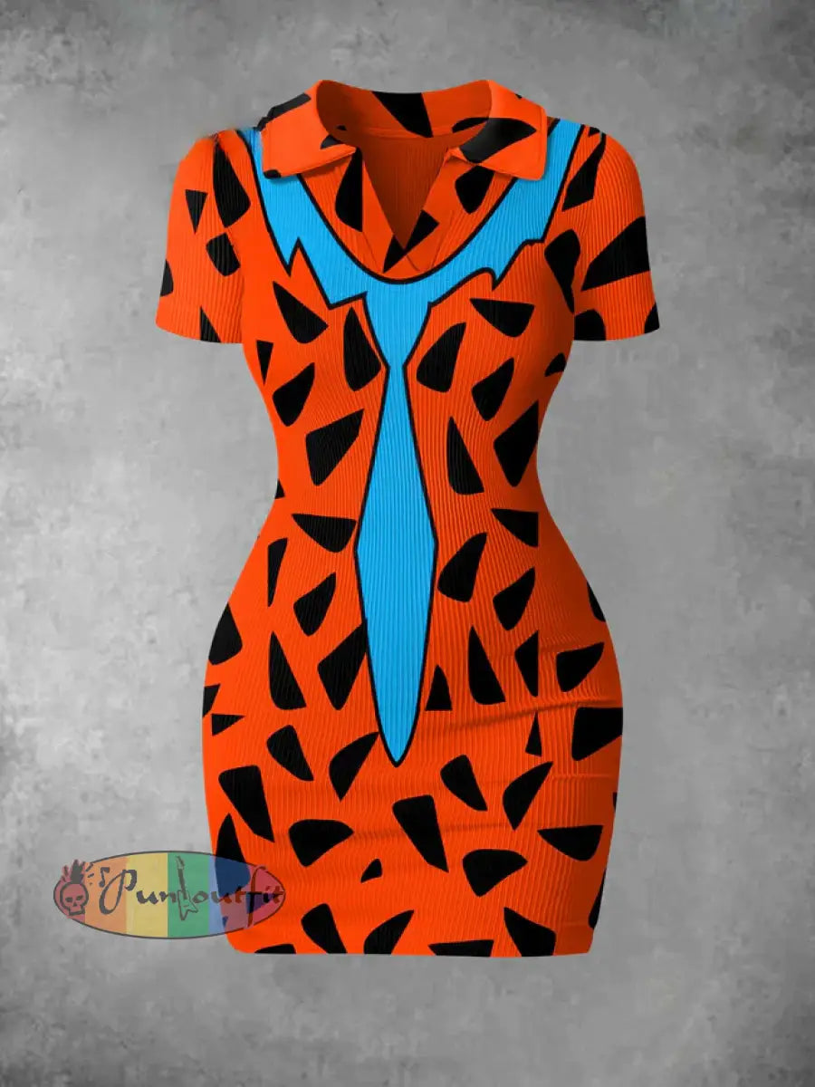 Women’s Vintage Cartoon Stone Caveman Costume Print Ribbed Bodycon Mini Dress Colorful / S