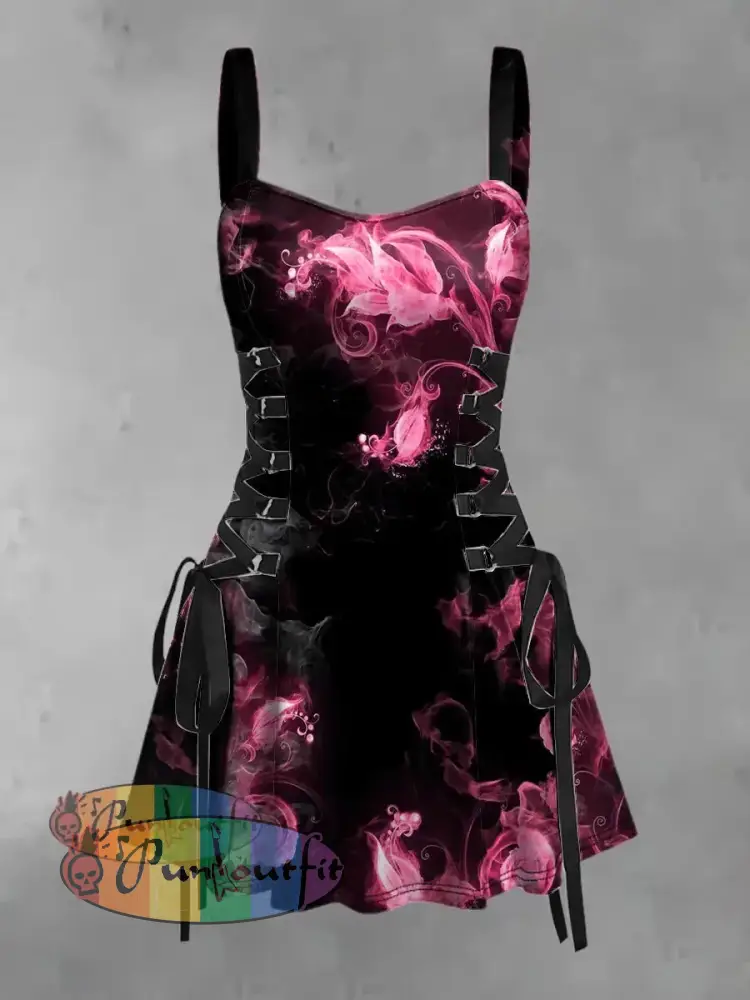Women’s Vintage Colorful Floral Smoke 3D Abstract Print Strappy Sleeveless Strappy Mini Dress Pink / S