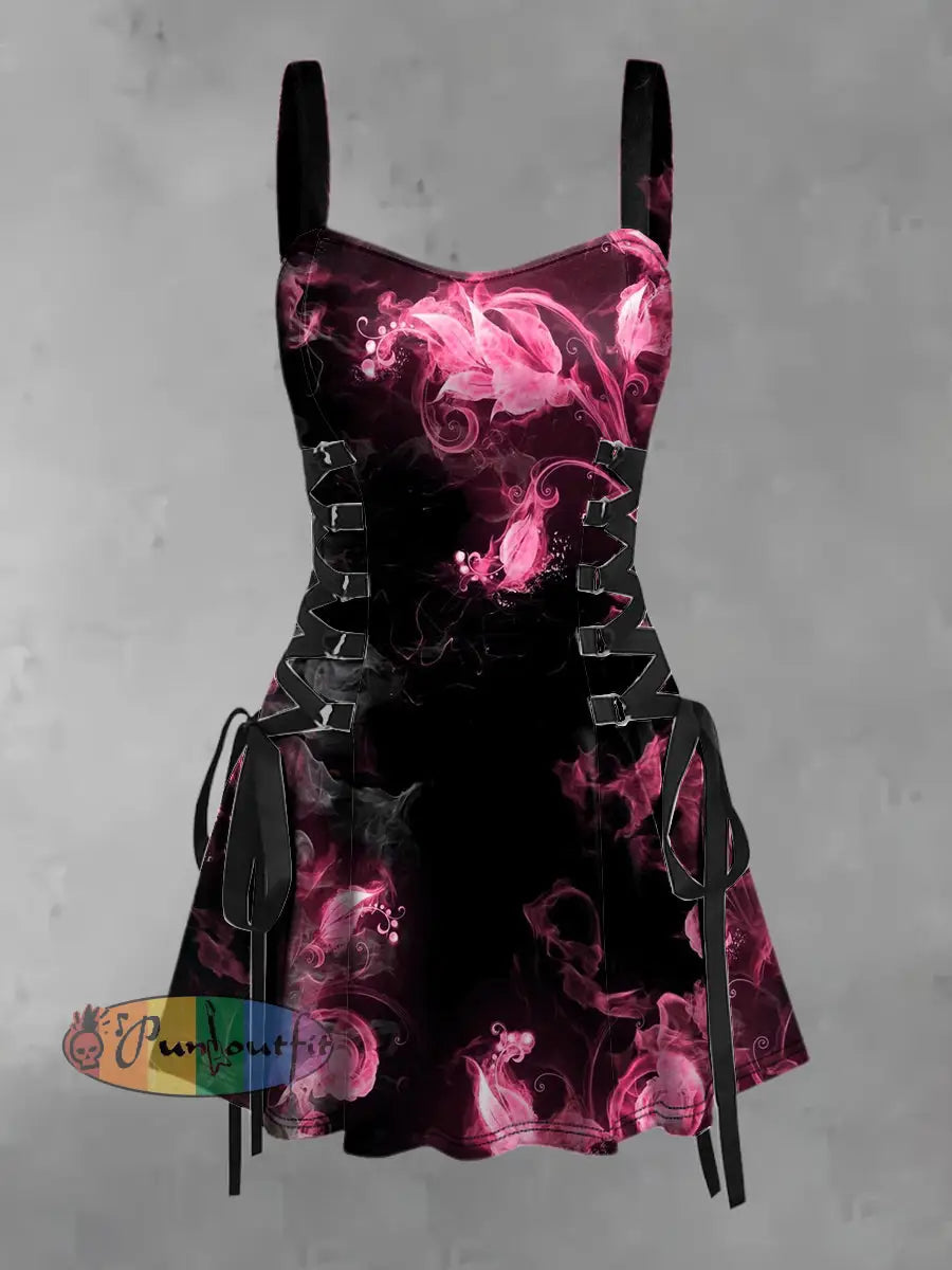 Women’s Vintage Colorful Floral Smoke 3D Abstract Print Strappy Sleeveless Strappy Mini Dress Pink / S