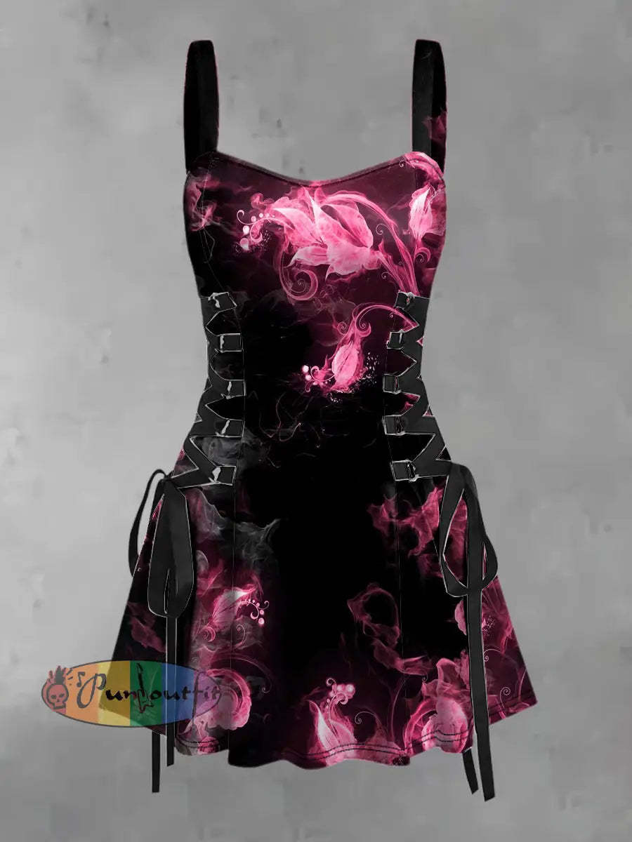 Women’s Vintage Colorful Floral Smoke 3D Abstract Print Strappy Sleeveless Strappy Mini Dress Pink / S
