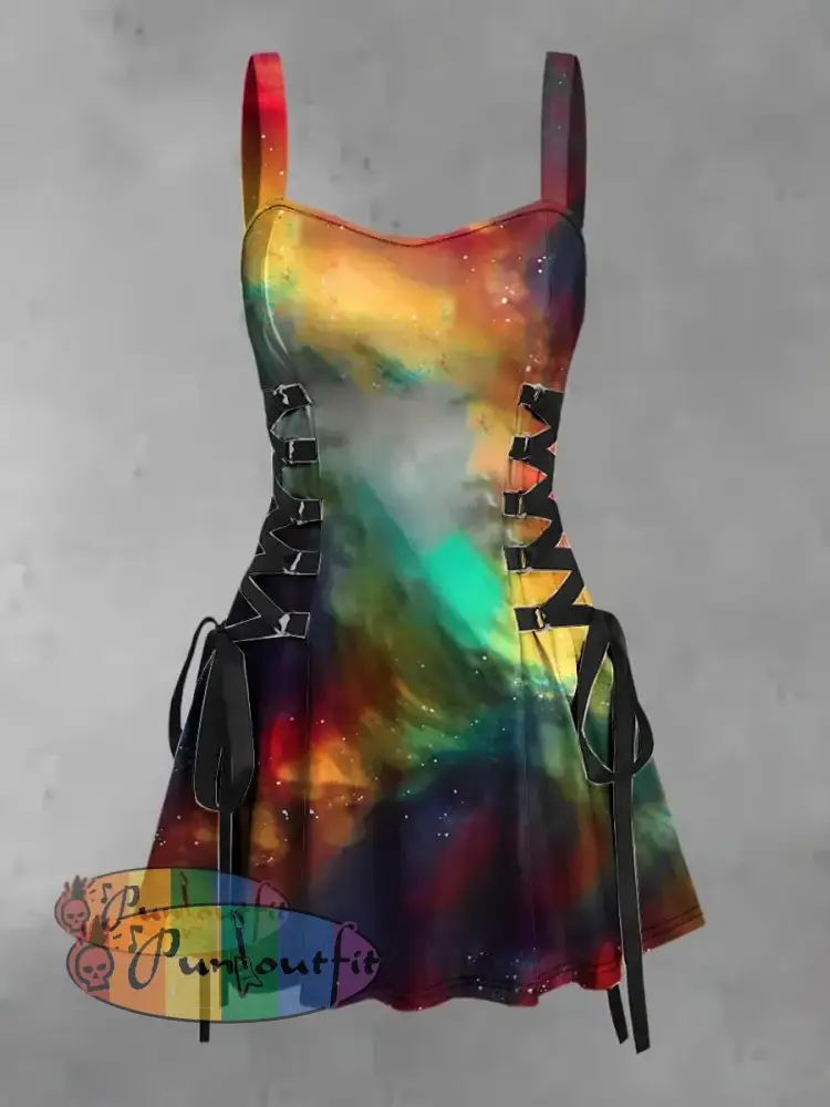 Women’s Vintage Colorful Magic Fantasy Art Print Strappy Sleeveless Strappy Mini Dress As picture / S