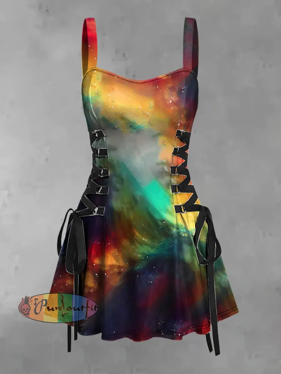 Women’s Vintage Colorful Magic Fantasy Art Print Strappy Sleeveless Strappy Mini Dress As picture / S