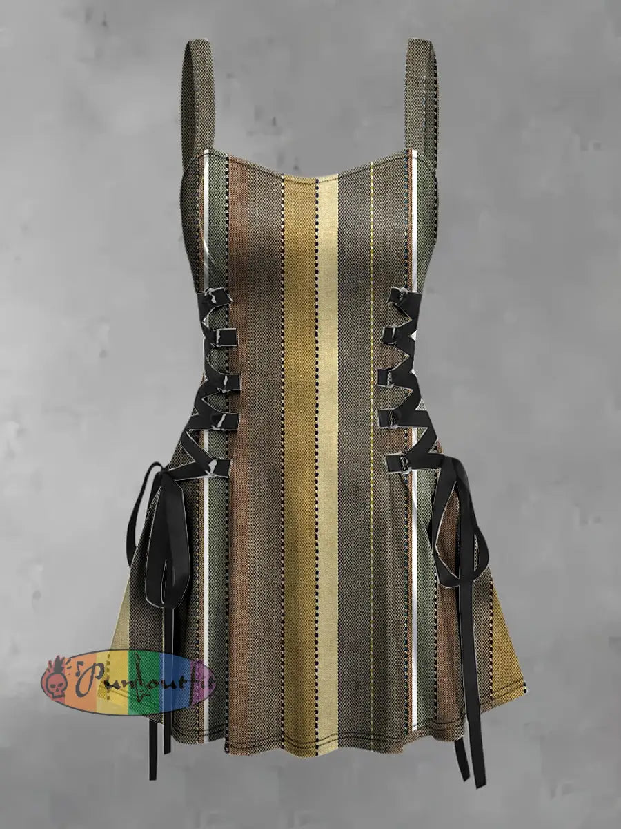 Women’s Vintage Colorful Stripe Colorblock Abstract Art Print Strappy Sleeveless Strappy Mini Dress As picture / S