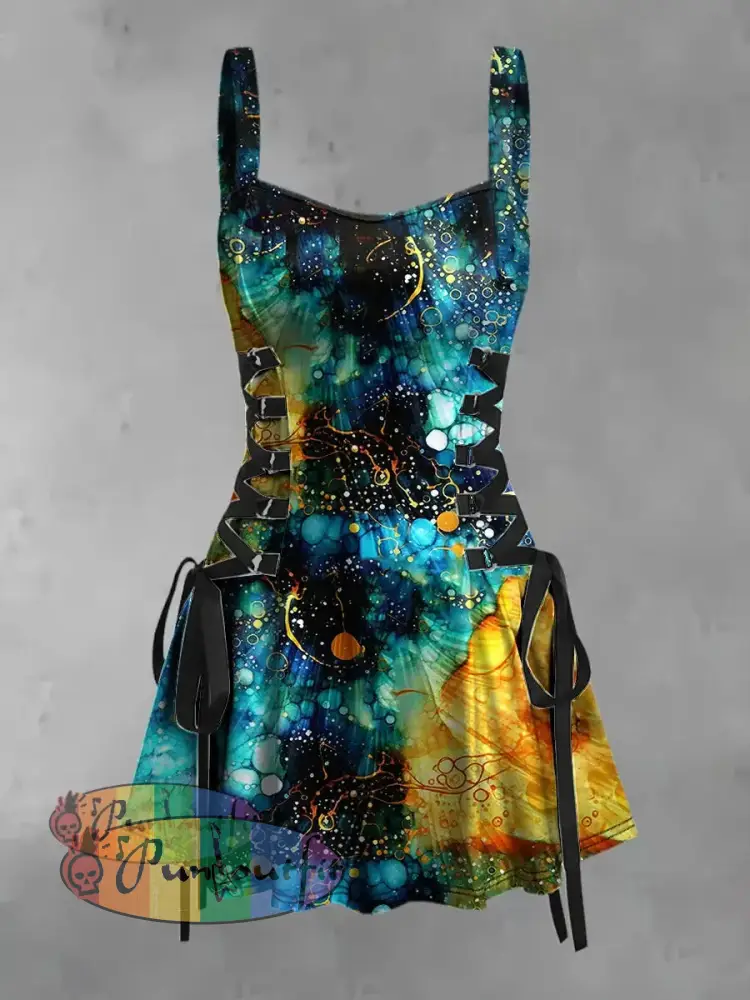 Women’s Vintage Colourful Bubble Wave Gradient Print Strappy Sleeveless Strappy Mini Dress Blue / S