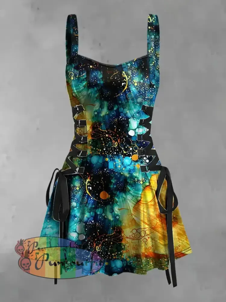 Women’s Vintage Colourful Bubble Wave Gradient Print Strappy Sleeveless Strappy Mini Dress Blue / S