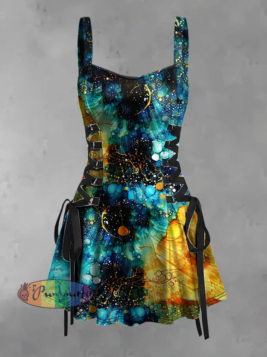 Women’s Vintage Colourful Bubble Wave Gradient Print Strappy Sleeveless Strappy Mini Dress Blue / S