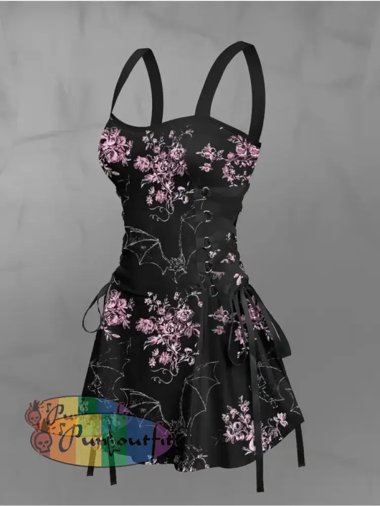 Women’s Vintage Gothic Bat Floral Print Strappy Sleeveless Strappy Mini Dress Black / S