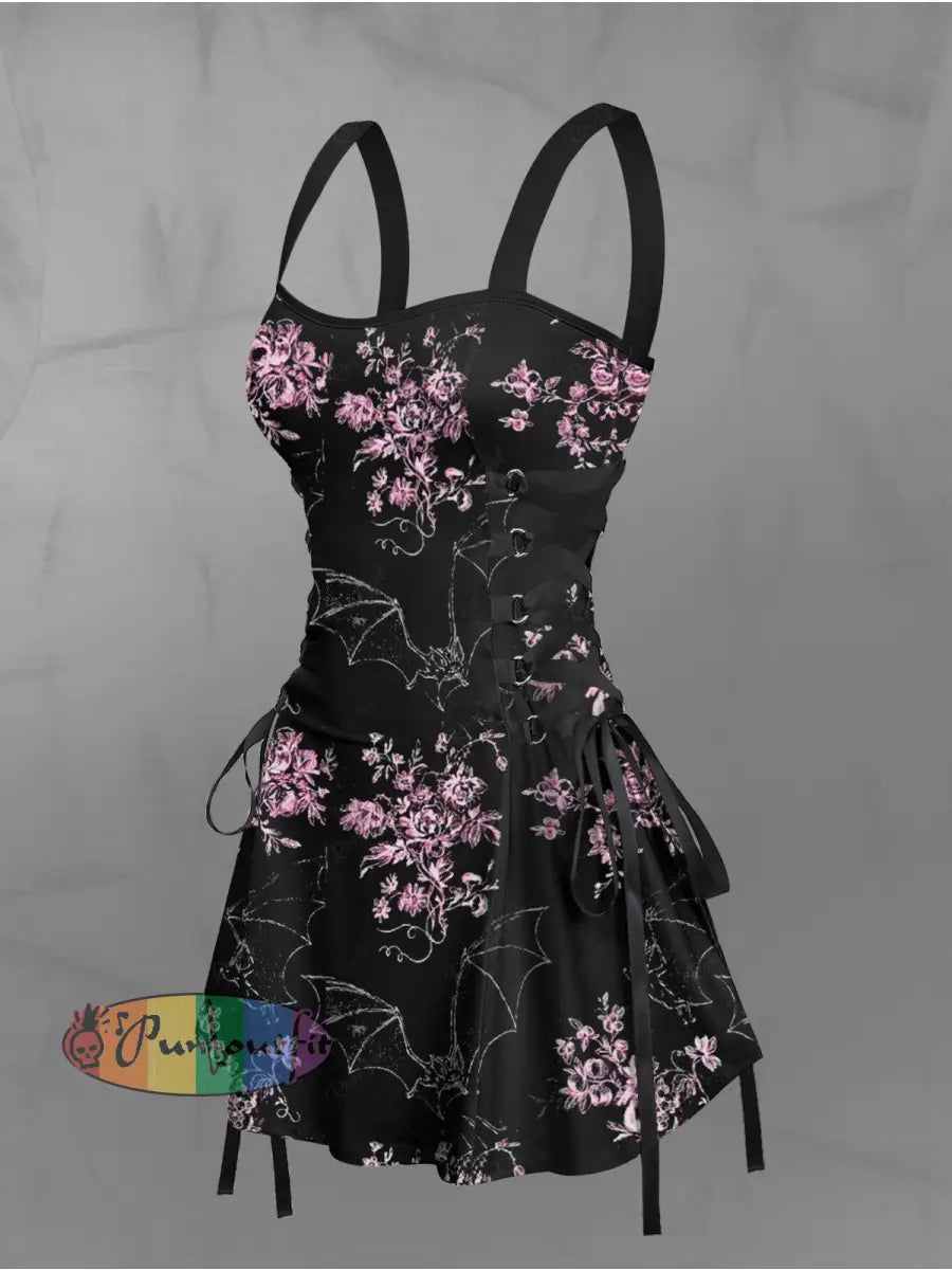 Women’s Vintage Gothic Bat Floral Print Strappy Sleeveless Strappy Mini Dress Black / S
