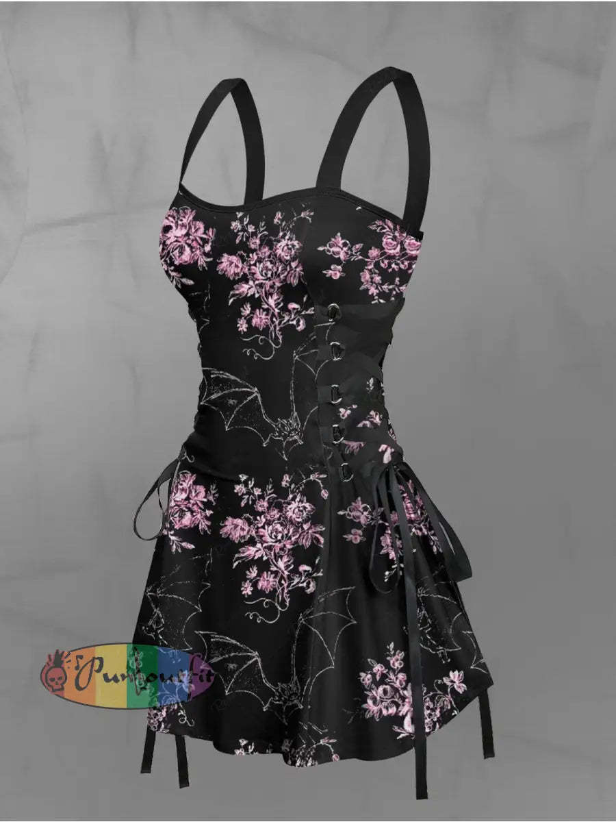 Women’s Vintage Gothic Bat Floral Print Strappy Sleeveless Strappy Mini Dress Black / S