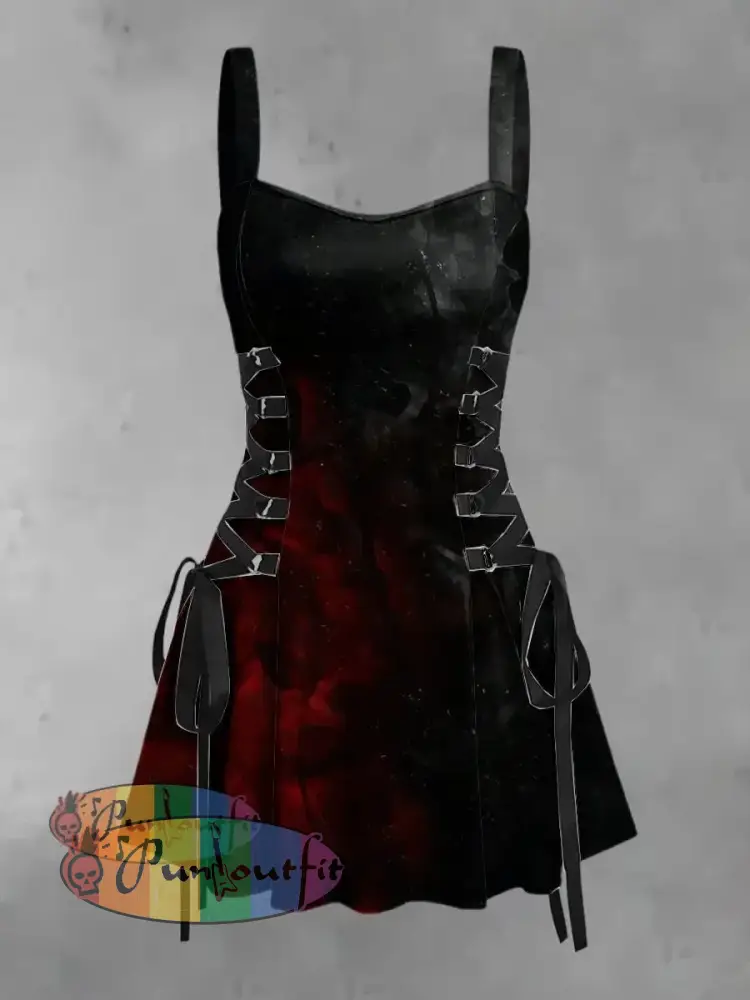 Women’s Vintage Gothic Black & Red Gradient Abstract Print Strappy Sleeveless Strappy Mini Dress Black / S