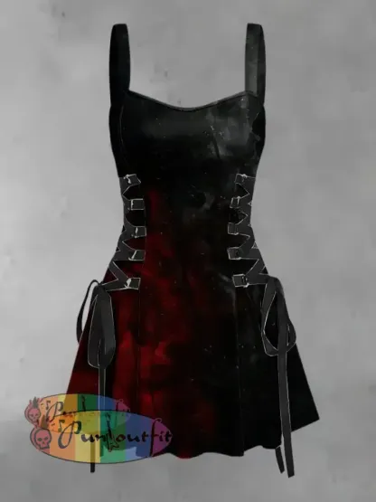 Women’s Vintage Gothic Black & Red Gradient Abstract Print Strappy Sleeveless Strappy Mini Dress Black / S