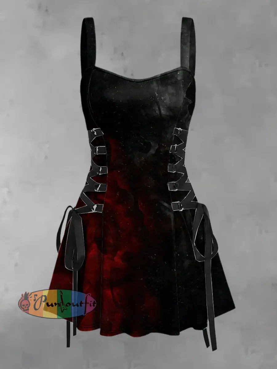 Women’s Vintage Gothic Black & Red Gradient Abstract Print Strappy Sleeveless Strappy Mini Dress Black / S