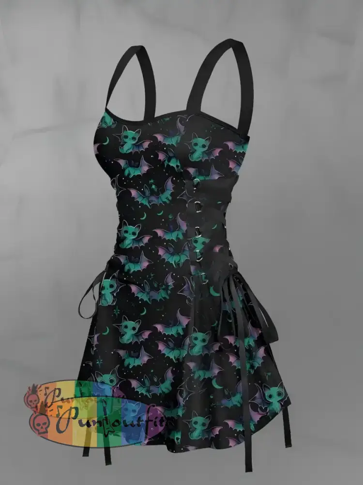 Women’s Vintage Gothic Cat Bat Wings Abstract Print Strappy Sleeveless Strappy Mini Dress Black / S