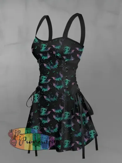 Women’s Vintage Gothic Cat Bat Wings Abstract Print Strappy Sleeveless Strappy Mini Dress Black / S