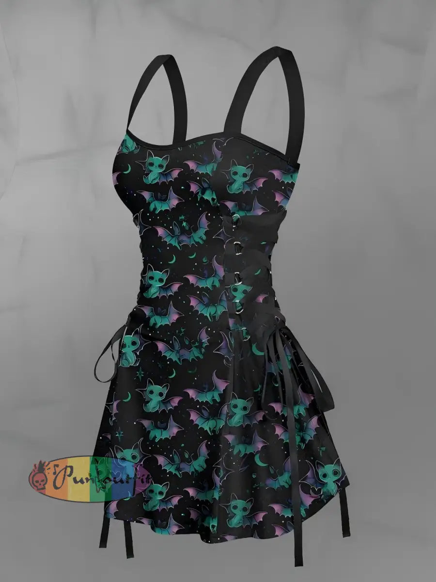 Women’s Vintage Gothic Cat Bat Wings Abstract Print Strappy Sleeveless Strappy Mini Dress Black / S