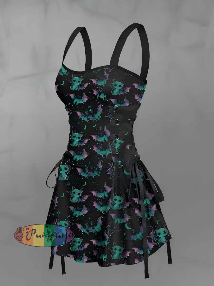 Women’s Vintage Gothic Cat Bat Wings Abstract Print Strappy Sleeveless Strappy Mini Dress Black / S