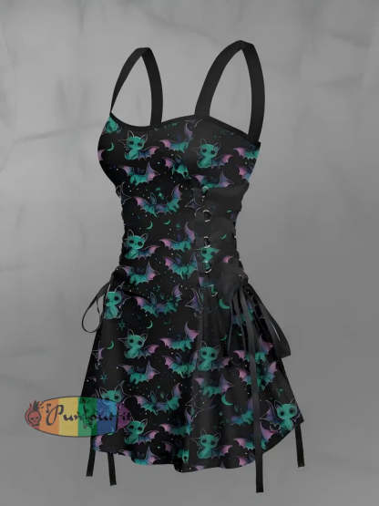 Women’s Vintage Gothic Cat Bat Wings Abstract Print Strappy Sleeveless Strappy Mini Dress Black / S