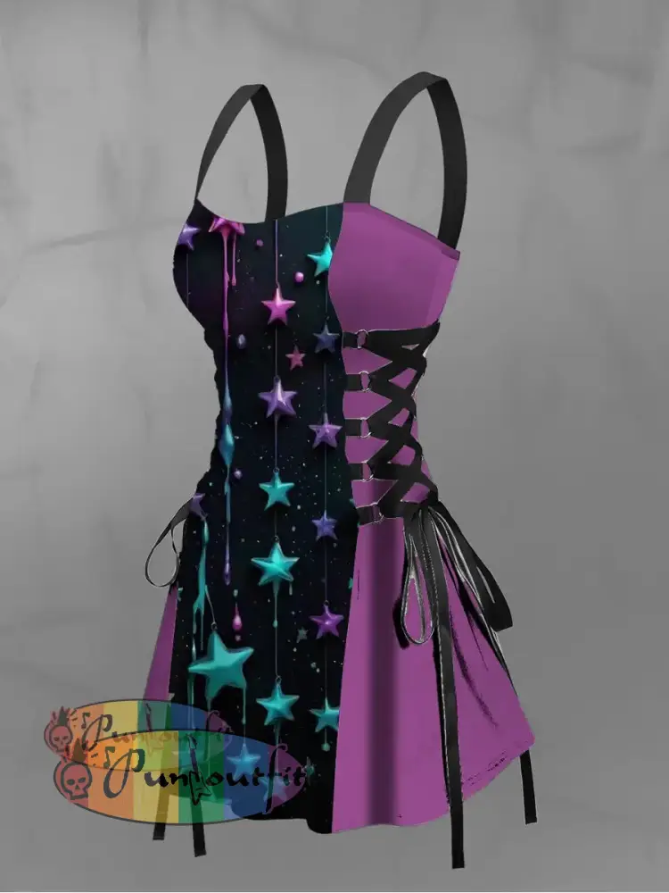 Women’s Vintage Gothic Colourful Graffiti Star Print Strappy Sleeveless Strappy Mini Dress Purple / S