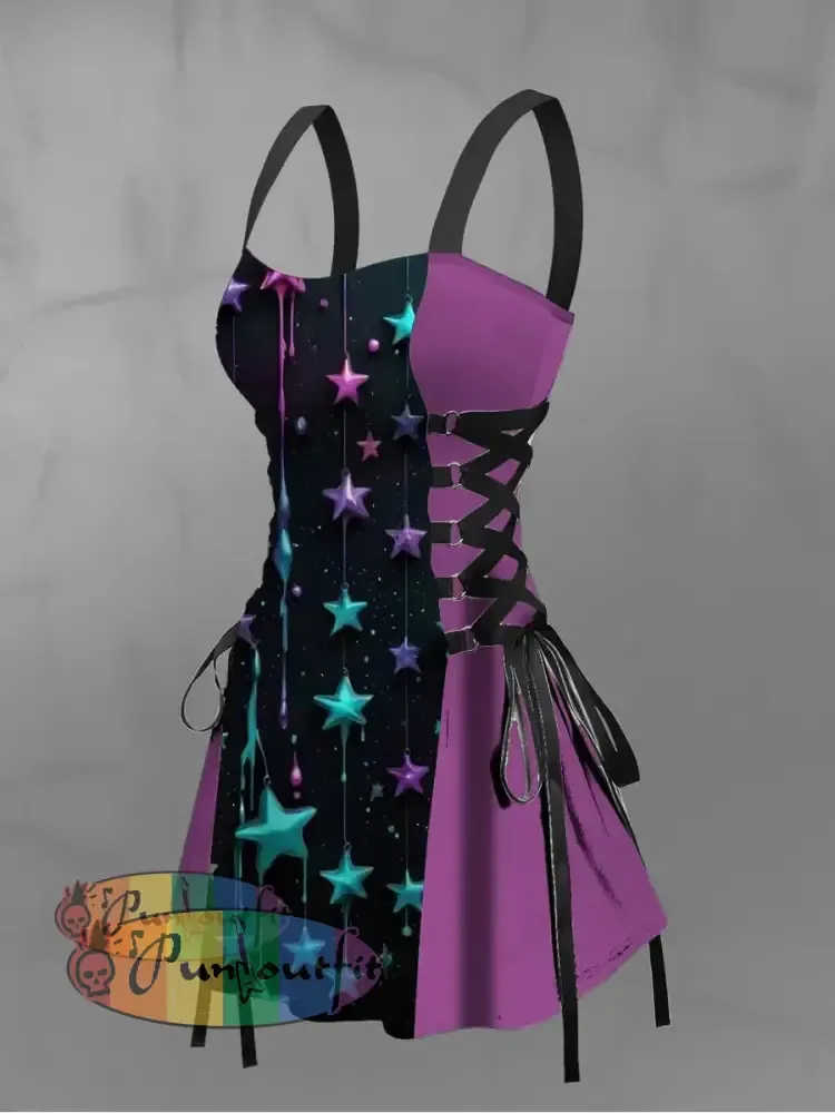 Women’s Vintage Gothic Colourful Graffiti Star Print Strappy Sleeveless Strappy Mini Dress Purple / S