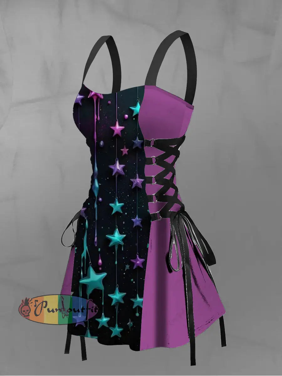 Women’s Vintage Gothic Colourful Graffiti Star Print Strappy Sleeveless Strappy Mini Dress Purple / S