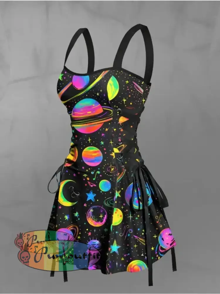 Women’s Vintage Gothic Colourful Planet Moon Print Strappy Sleeveless Strappy Mini Dress Black / S
