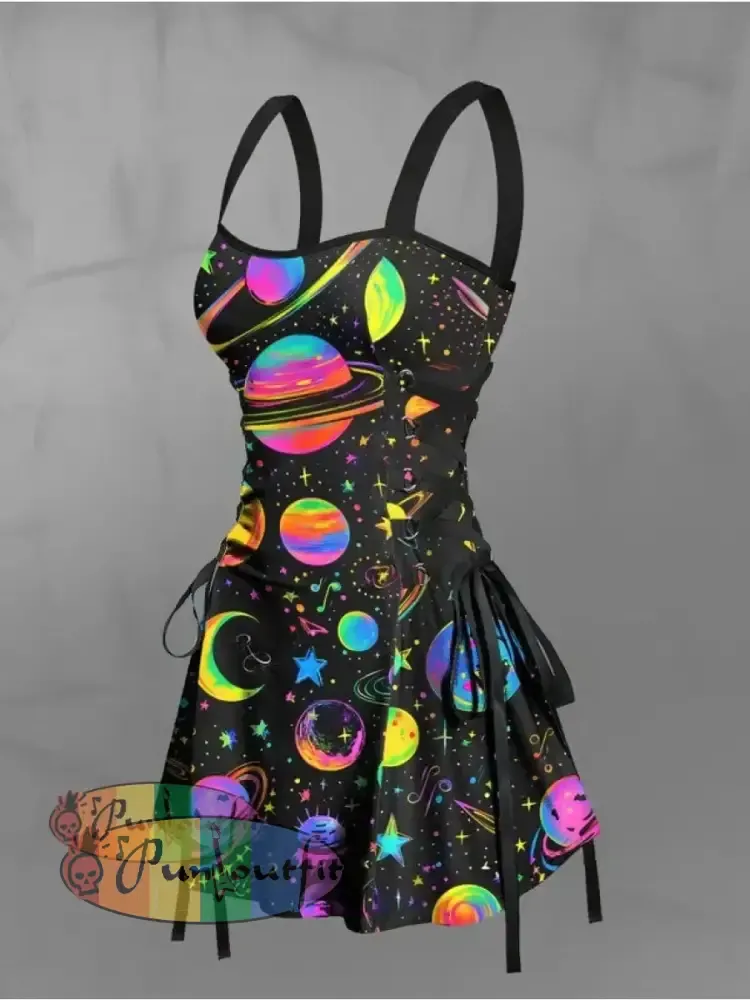 Women’s Vintage Gothic Colourful Planet Moon Print Strappy Sleeveless Strappy Mini Dress Black / S