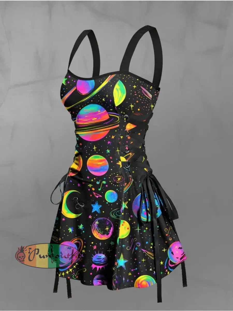 Women’s Vintage Gothic Colourful Planet Moon Print Strappy Sleeveless Strappy Mini Dress Black / S