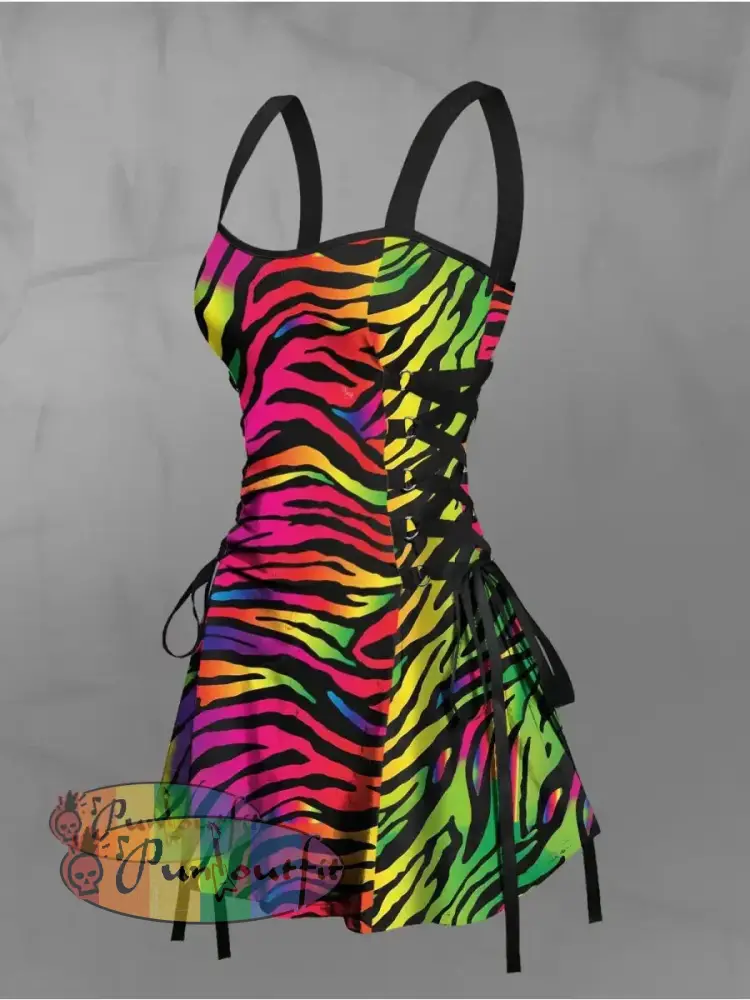Women’s Vintage Gothic Colourful Zebra Print Strappy Sleeveless Strappy Mini Dress As picture / S