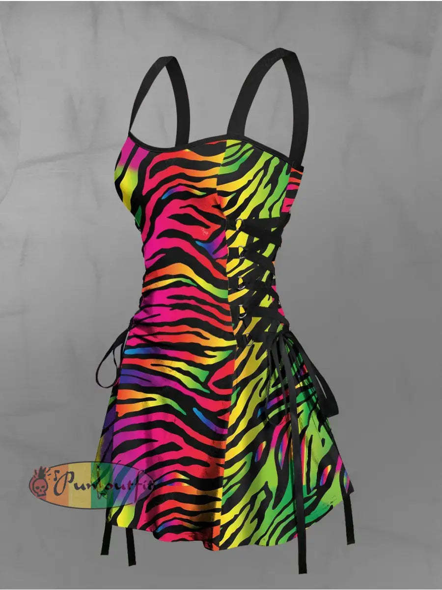 Women’s Vintage Gothic Colourful Zebra Print Strappy Sleeveless Strappy Mini Dress As picture / S