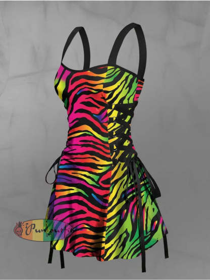 Women’s Vintage Gothic Colourful Zebra Print Strappy Sleeveless Strappy Mini Dress As picture / S