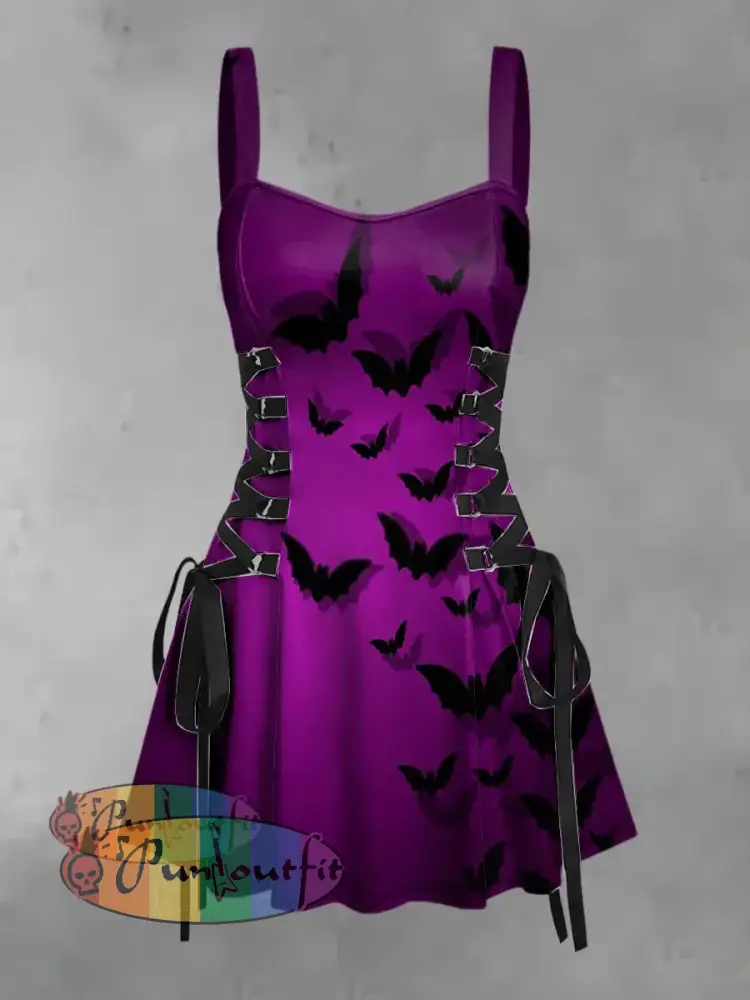Women’s Vintage Gothic Dark Bat Shadow Print Strappy Sleeveless Strappy Mini Dress Purple / S