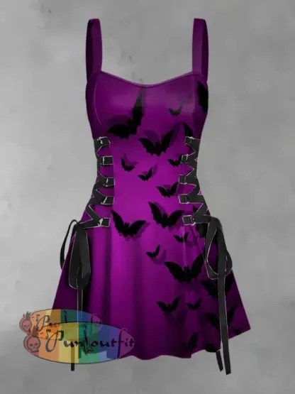 Women’s Vintage Gothic Dark Bat Shadow Print Strappy Sleeveless Strappy Mini Dress Purple / S