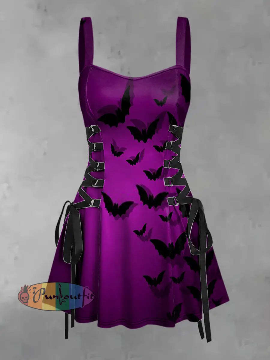 Women’s Vintage Gothic Dark Bat Shadow Print Strappy Sleeveless Strappy Mini Dress Purple / S