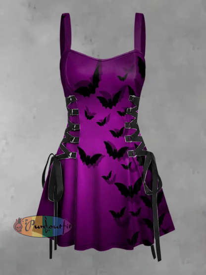 Women’s Vintage Gothic Dark Bat Shadow Print Strappy Sleeveless Strappy Mini Dress Purple / S