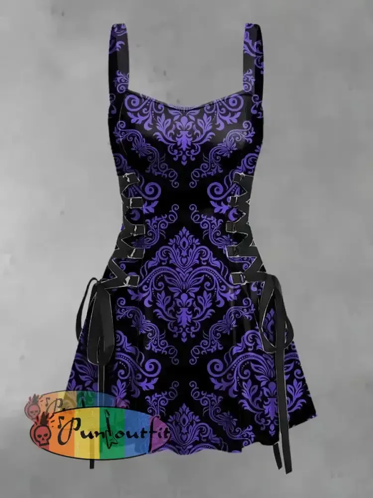 Women’s Vintage Gothic Floral Elegance Print Strappy Sleeveless Mini Dress Purple / S