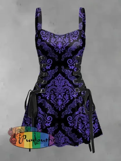 Women’s Vintage Gothic Floral Elegance Print Strappy Sleeveless Mini Dress Purple / S