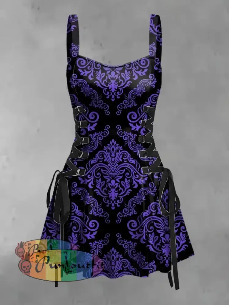 Women’s Vintage Gothic Floral Elegance Print Strappy Sleeveless Mini Dress Purple / S
