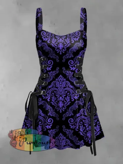 Women’s Vintage Gothic Floral Elegance Print Strappy Sleeveless Mini Dress Purple / S