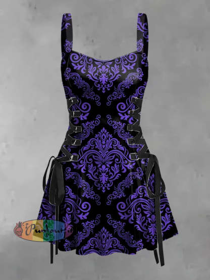Women’s Vintage Gothic Floral Elegance Print Strappy Sleeveless Mini Dress Purple / S