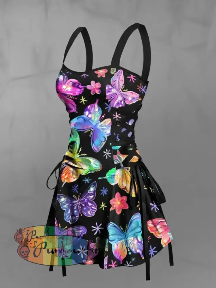 Women’s Vintage Gothic Hippie Multicolour Butterfly Abstract Print Strappy Sleeveless Strappy Mini Dress Black / S
