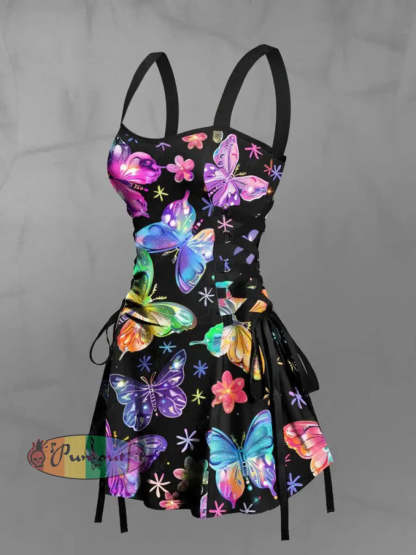 Women’s Vintage Gothic Hippie Multicolour Butterfly Abstract Print Strappy Sleeveless Strappy Mini Dress Black / S