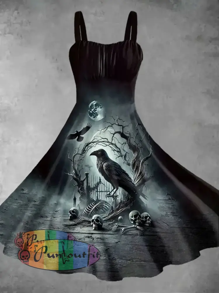 Women’s Vintage Gothic Punk Skull Raven Moon Print Midi Dress Gray / S
