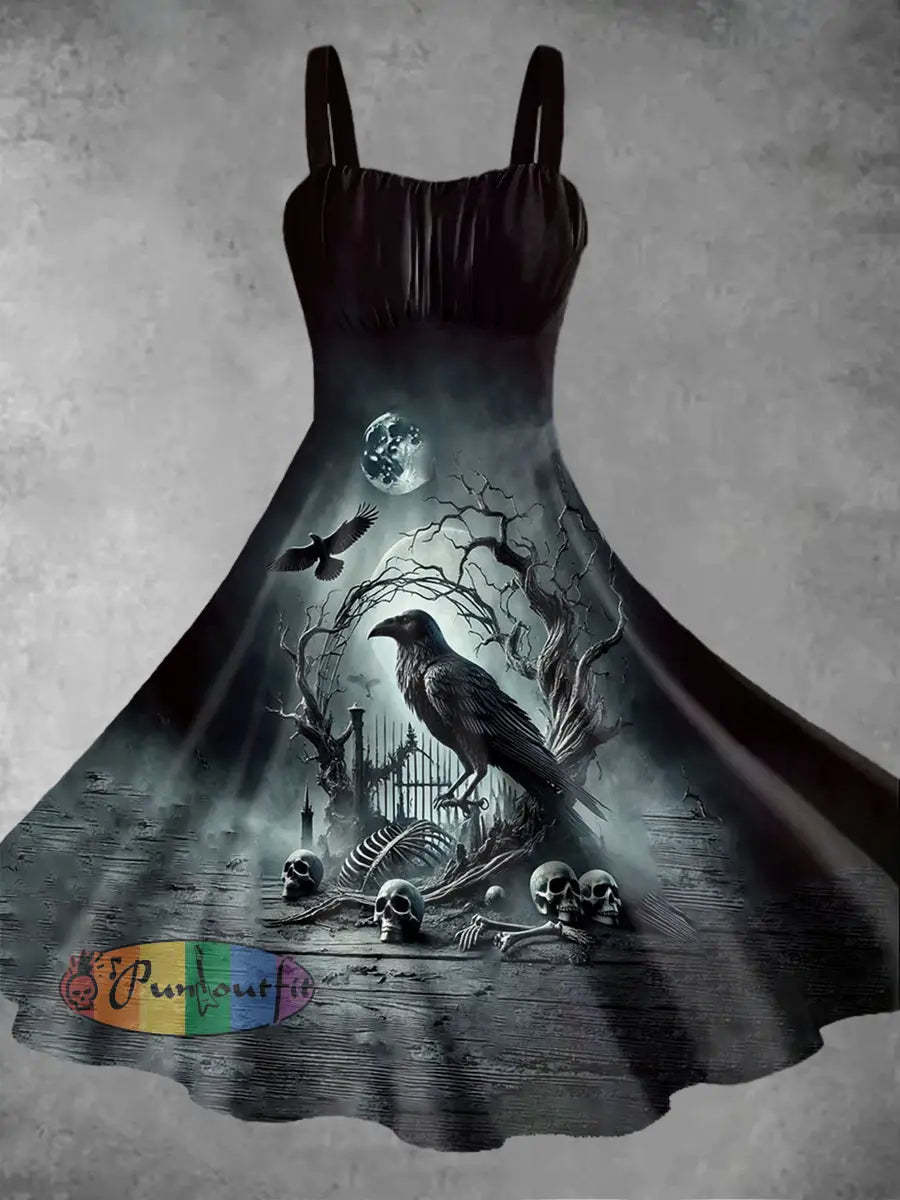 Women’s Vintage Gothic Punk Skull Raven Moon Print Midi Dress Gray / S
