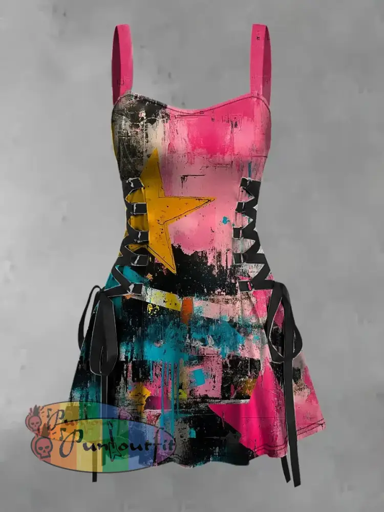 Women’s Vintage Gothic Punk Stars Colourful Graffiti Print Strappy Sleeveless Strappy Mini Dress Pink / S