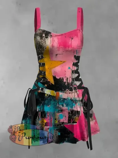 Women’s Vintage Gothic Punk Stars Colourful Graffiti Print Strappy Sleeveless Strappy Mini Dress Pink / S