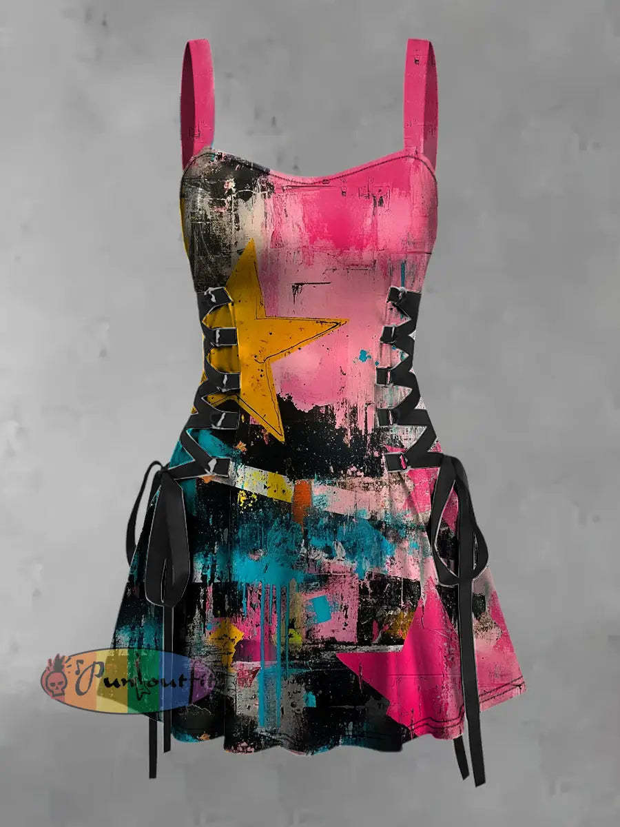 Women’s Vintage Gothic Punk Stars Colourful Graffiti Print Strappy Sleeveless Strappy Mini Dress Pink / S