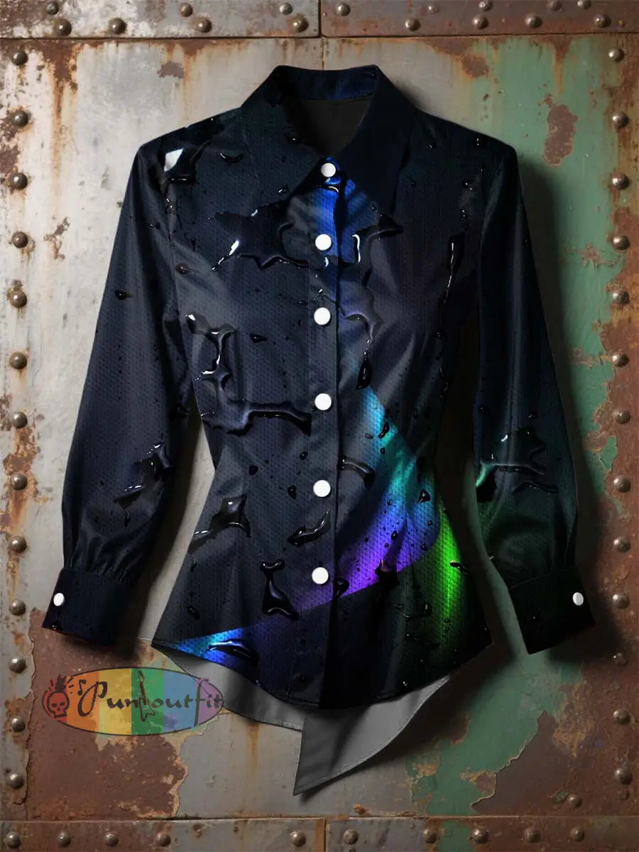 Women’s Vintage Gothic Water Ripple Colorful Printed Casual Long Sleeve Irregular Shirt Black / S