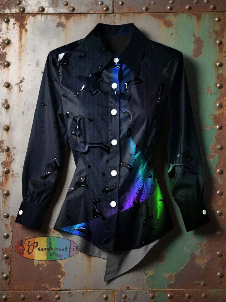 Women’s Vintage Gothic Water Ripple Colorful Printed Casual Long Sleeve Irregular Shirt Black / S