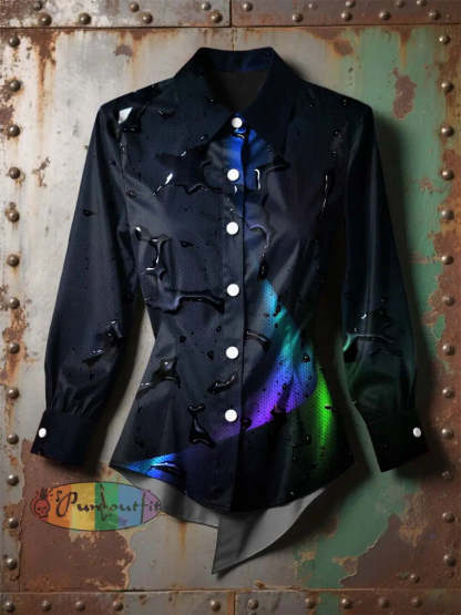 Women’s Vintage Gothic Water Ripple Colorful Printed Casual Long Sleeve Irregular Shirt Black / S